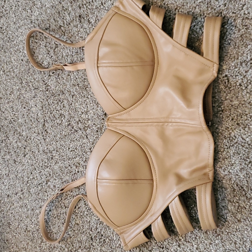 Hesperus Faux Leather Caged Cut Outs Bustier Crop Top Size M